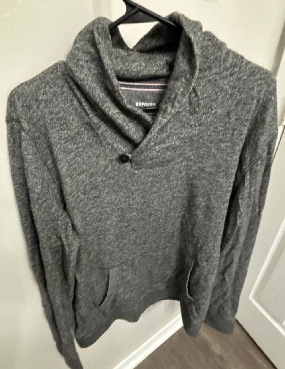 Express Men's Marled Heather Gray Shawl Collar Pullover Sweater  Elbow Patches